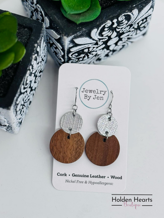 Round Wood & Silver Earrings