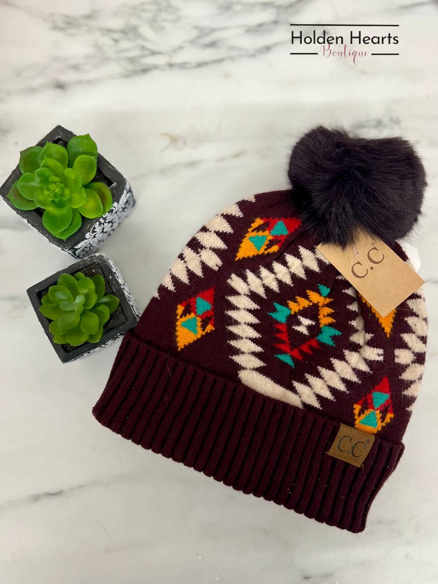 Aztec Patterned Faux Fur Pom C.C Beanie HAT3001