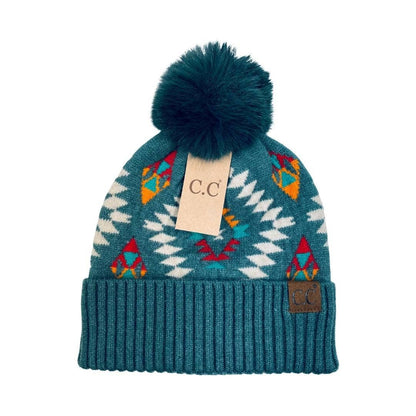 Aztec Patterned Faux Fur Pom C.C Beanie HAT3001