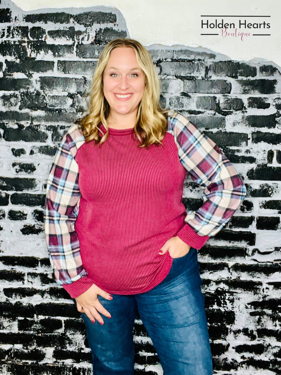 Burgundy Urban Ribbed And Plaid Top