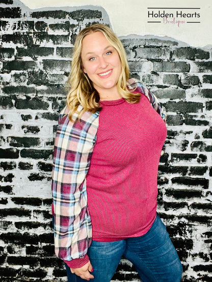 Burgundy Urban Ribbed And Plaid Top