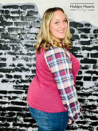 Burgundy Urban Ribbed And Plaid Top