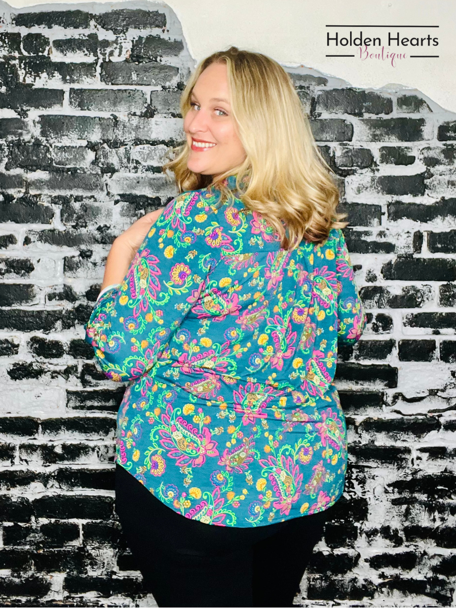 Teal Paisley Design Lizzy 3/4 Sleeve Top