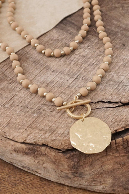 Multi Strand Wooden Beads Short Coin Necklace in Neutral and