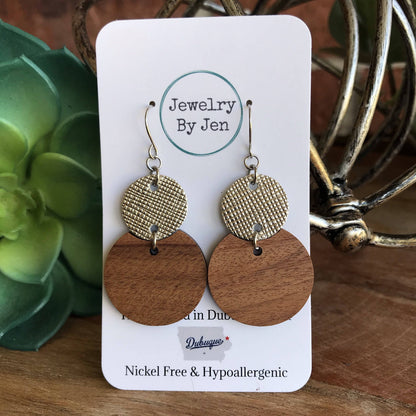 Round Wood & Silver Earrings