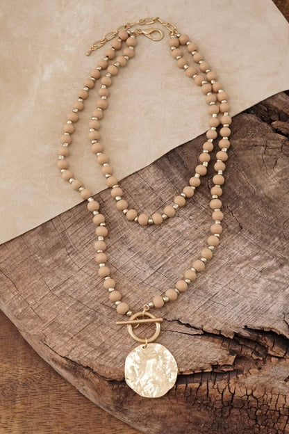 Multi Strand Wooden Beads Short Coin Necklace in Neutral and