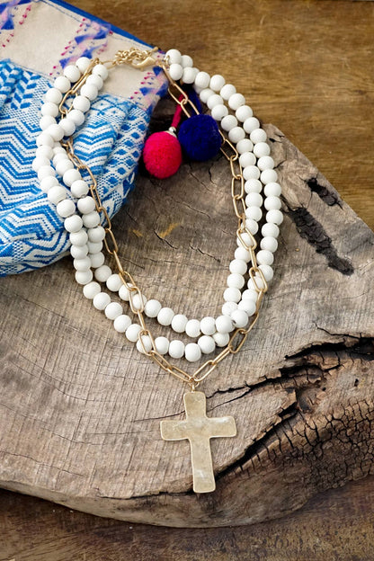 Multi Strand Wood Beads Short Statement Cross Necklace Cream