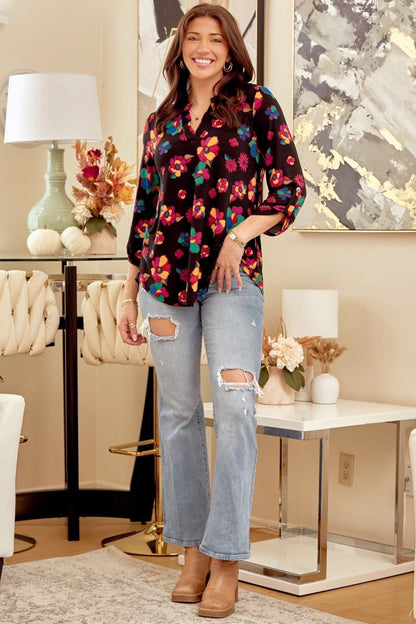 Black Flower Multi Lizzy 3/4 Sleeve Top