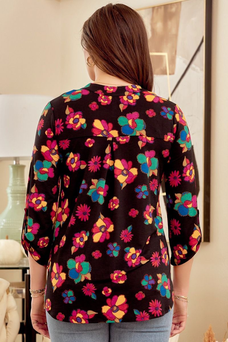 Black Flower Multi Lizzy 3/4 Sleeve Top