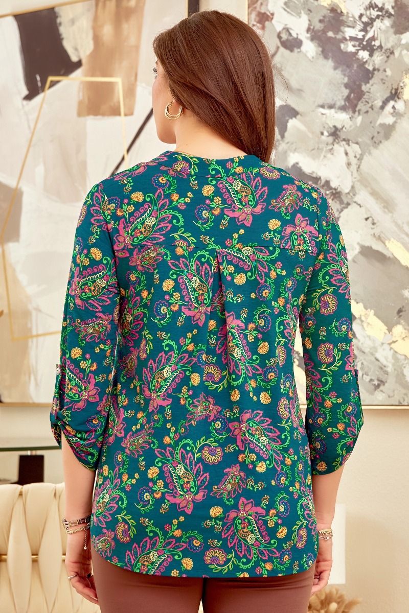 Teal Paisley Design Lizzy 3/4 Sleeve Top