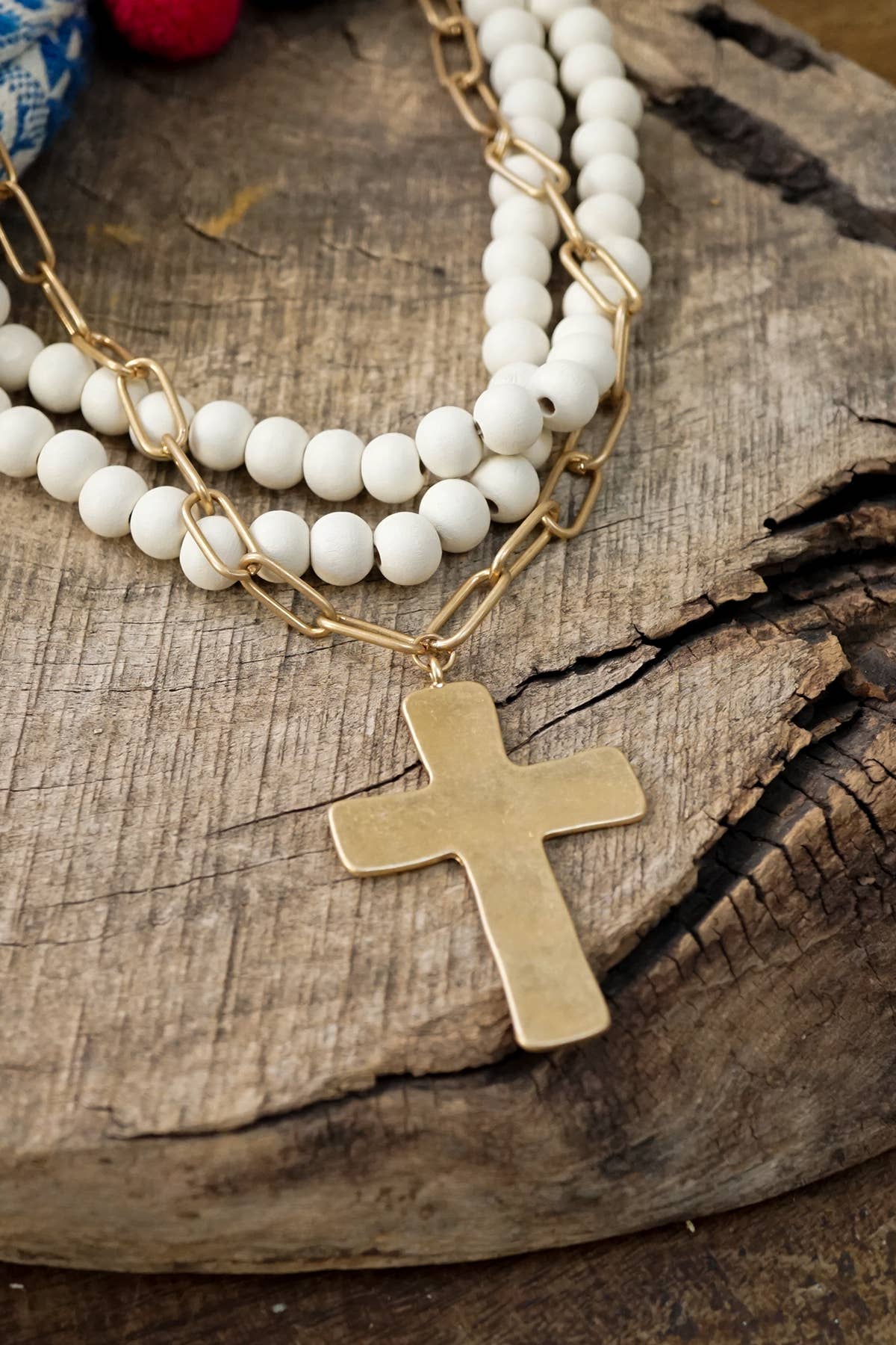 Multi Strand Wood Beads Short Statement Cross Necklace Cream