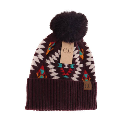 Aztec Patterned Faux Fur Pom C.C Beanie HAT3001