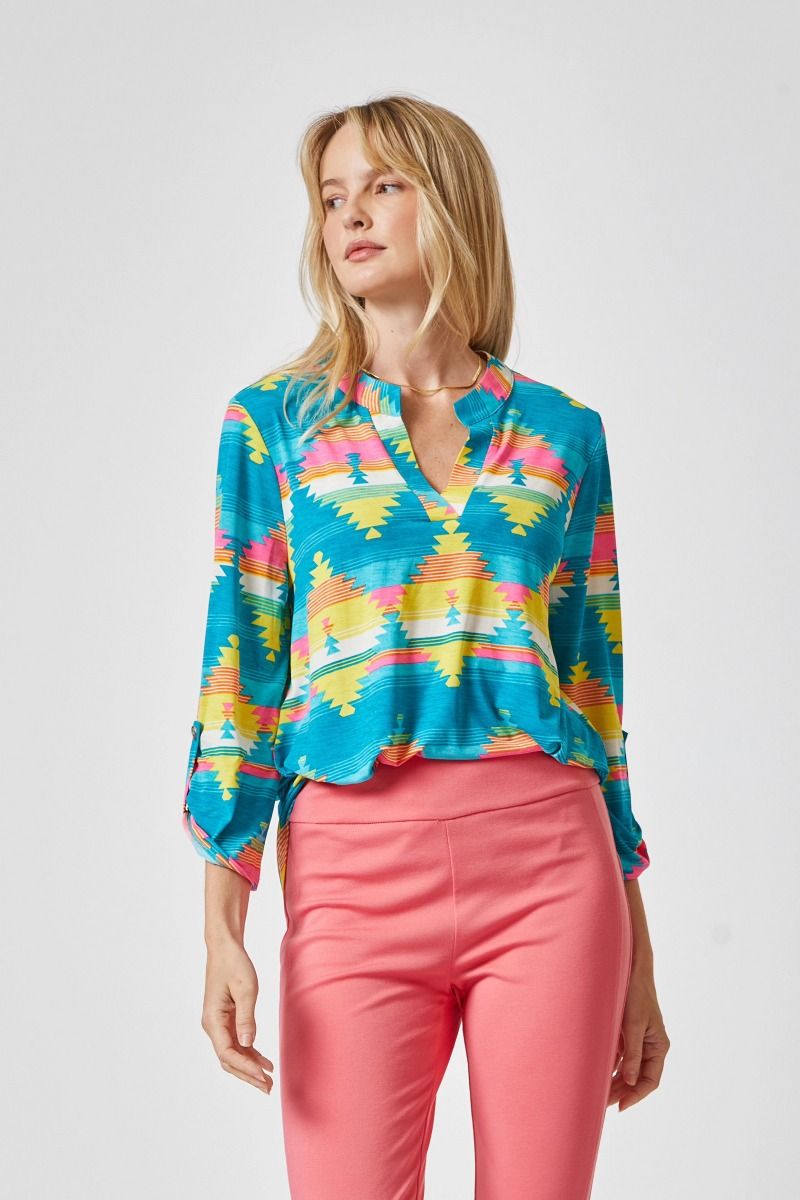 Teal Aztec Lizzy 3/4 Sleeve Top